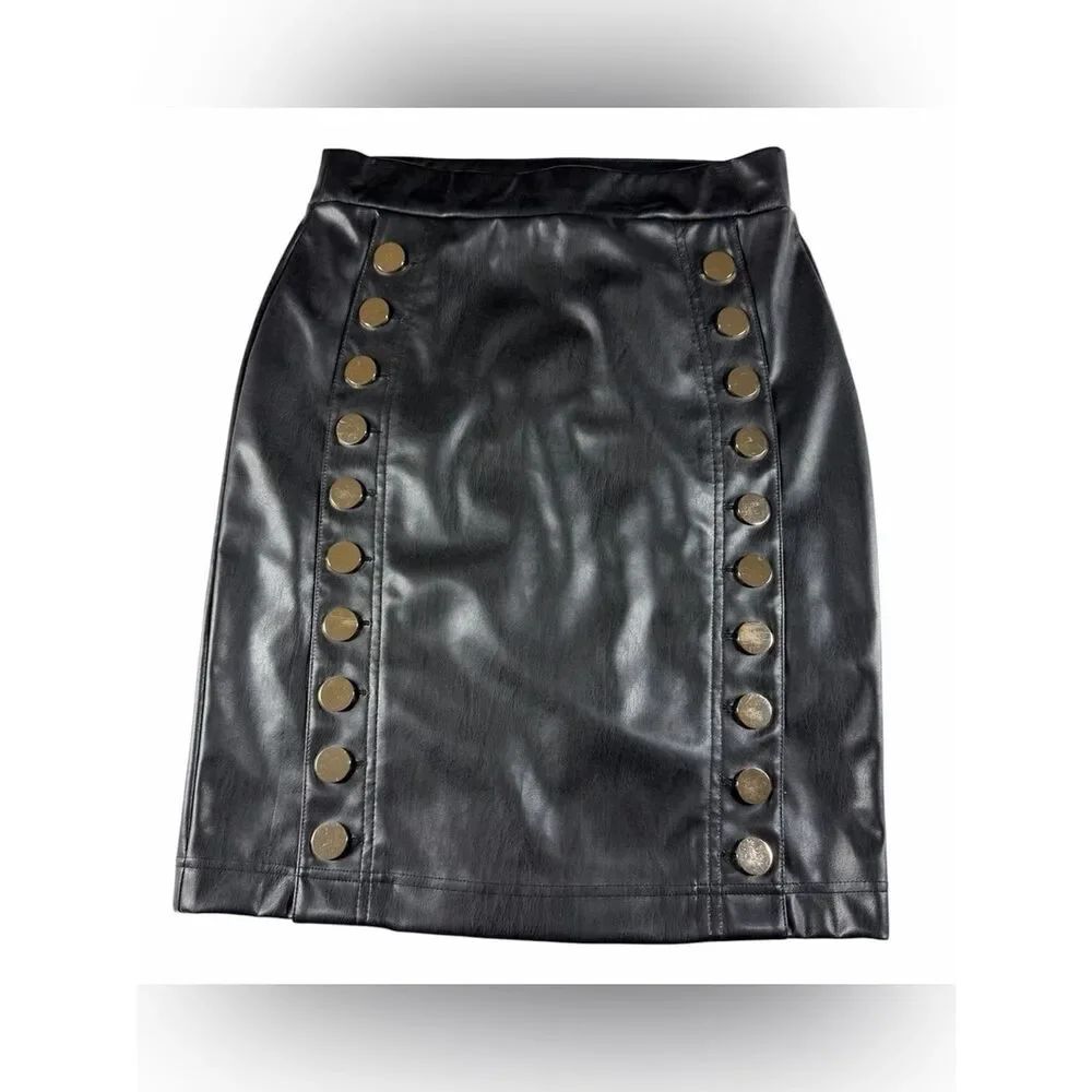 INC International Concepts Black Faux Leather Pencil Skirt with Gold Buttons